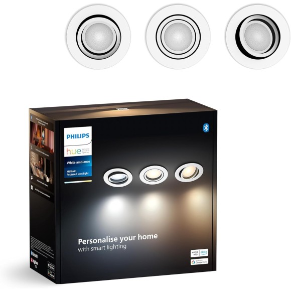 Philips Hue 8720169319813 LED Einbauleuchte Milliskin | 3x4,2W GU10 | 3x400lm | 2200-6500K