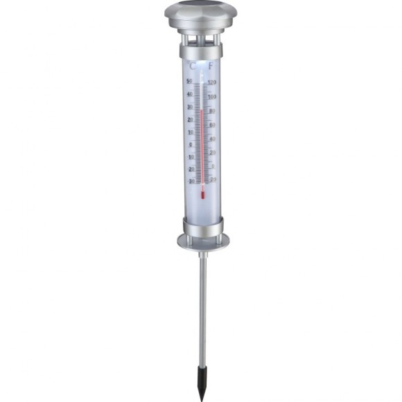 Globo 33275 LED Solarleuchte mit Thermometer 1x0,06W | IP44 - Erdspieß, Thermometer -30 ° C bis 50 ° C, silber, weiß